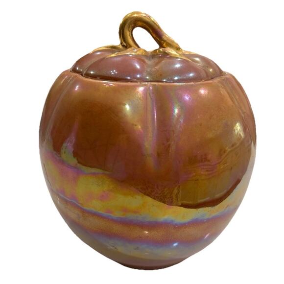 Vtg Fall Pumpkin Canister Orange Lusterware Iridescent Gold Lid Stem Cookie Jar - Picture 1 of 12